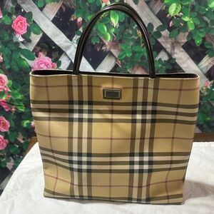 Burberry Beige Plaid Tote Bag with Dark Brown Handles